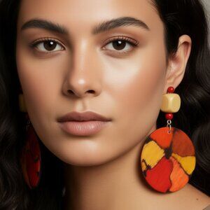 NWT Boho Abstract Hand Painted Wooden Statement Earrings Retro 70s Multicolor